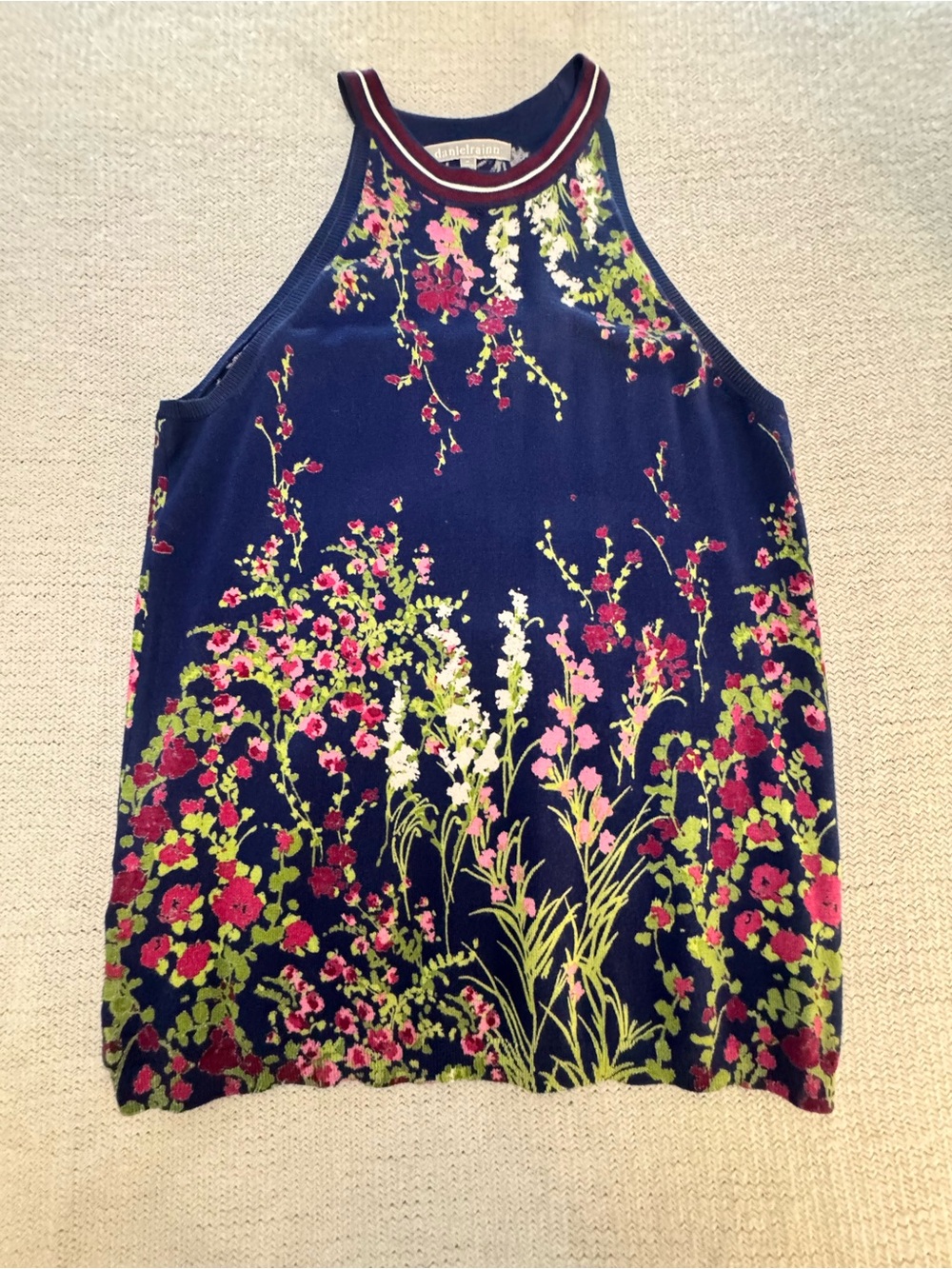 Daniel Rainn Navy Floral High-Neck Tank with Pink & Green Blooms